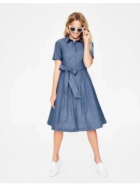 NEW Boden Women's Anastasia Cotton Shirt Fit & Flare Dress Blue Chambray Size 8R